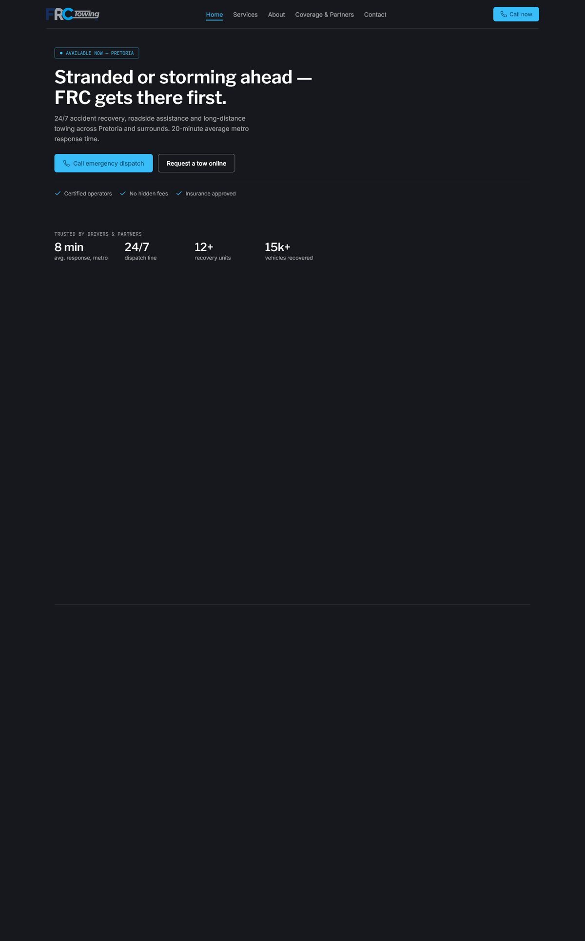 FRC Towing homepage, showing the hero section and trust stats