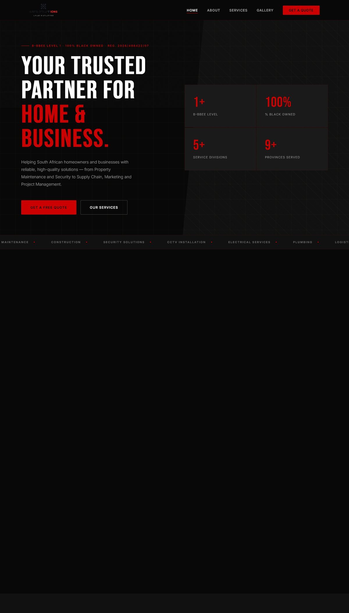 KMFG Solutions homepage, showing the hero section and key stats